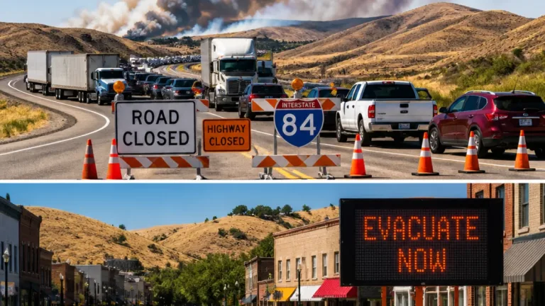 Wildfire near Oregon-Idaho line closes 70 miles of I‑84, forces evacuation of Huntington